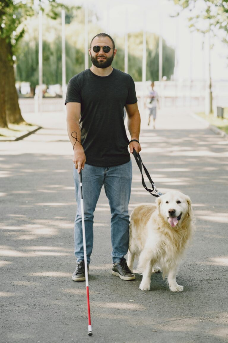 A blind man with a white cane and guide dog walking outside on a sunny day.